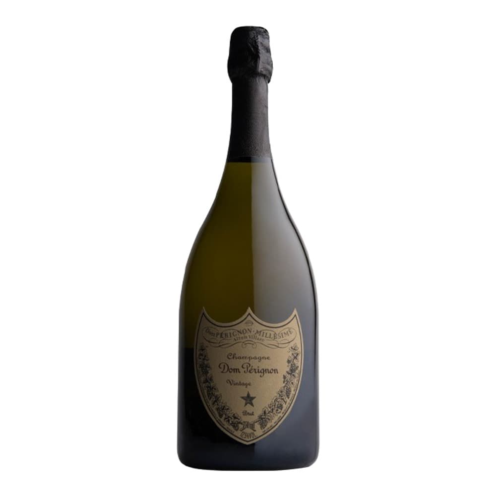 A bottle of Dom Pérignon champagne with a black foil top and cream-coloured label against a plain white background.