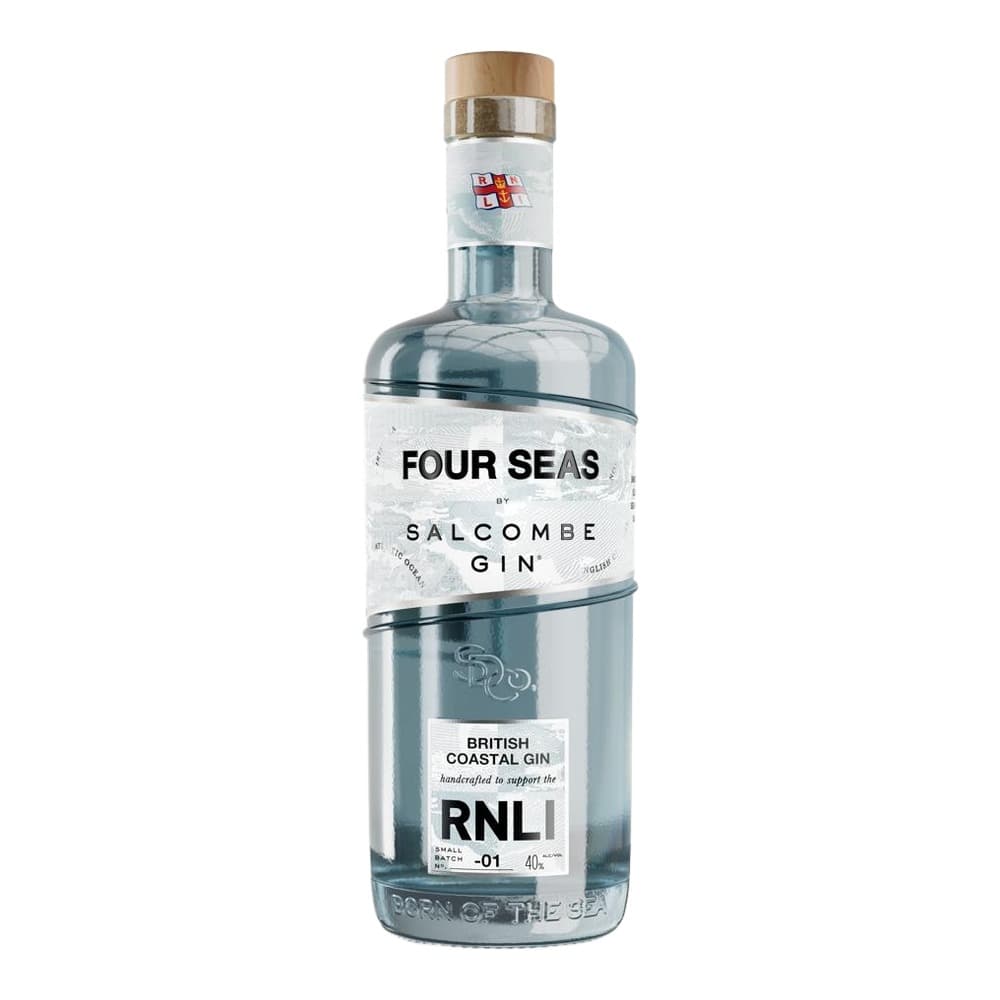A bottle of Four Seas by Salcombe British Coastal Gin with wooden and metallic cap, displayed against a white background.