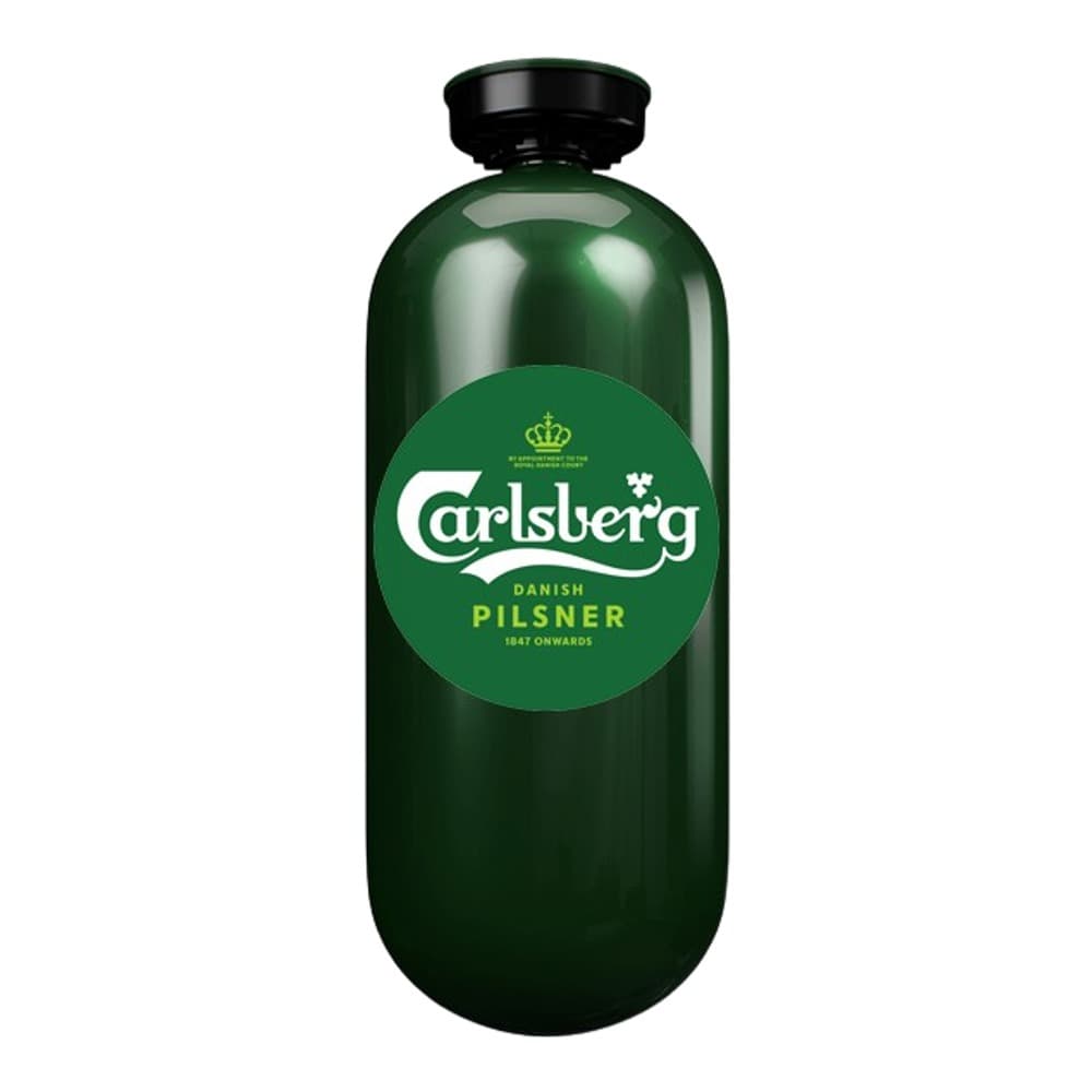 A dark green glass bottle of Carlsberg Danish Pilsner beer with a black cap and white label on a plain white background.