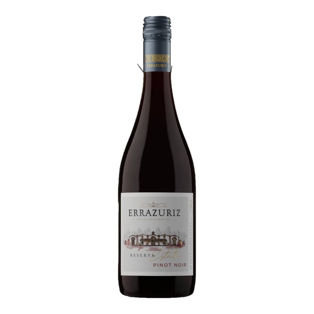 A bottle of Errazuriz Reserva Pinot Noir red wine with a dark grey cap and white label featuring an estate illustration, photographed against a white background.