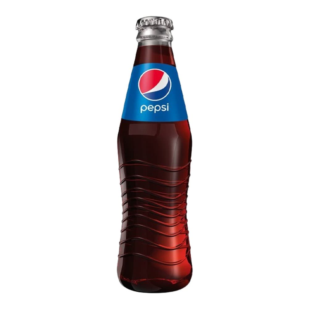 A single Pepsi cola bottle with iconic blue label and Pepsi globe logo, filled with dark cola liquid, photographed against a white background.