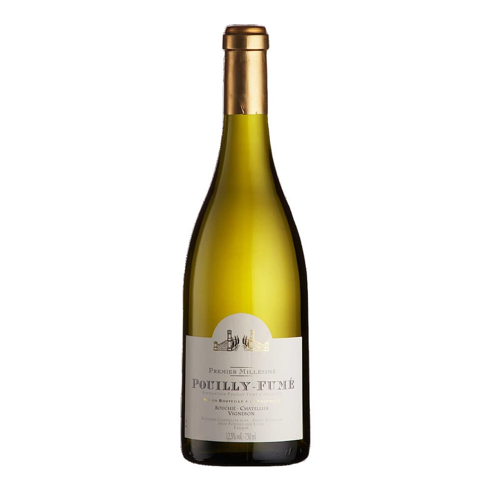 A bottle of Pouilly-Fumé Premier Millésime white wine with a gold foil cap and white label on a plain white background.