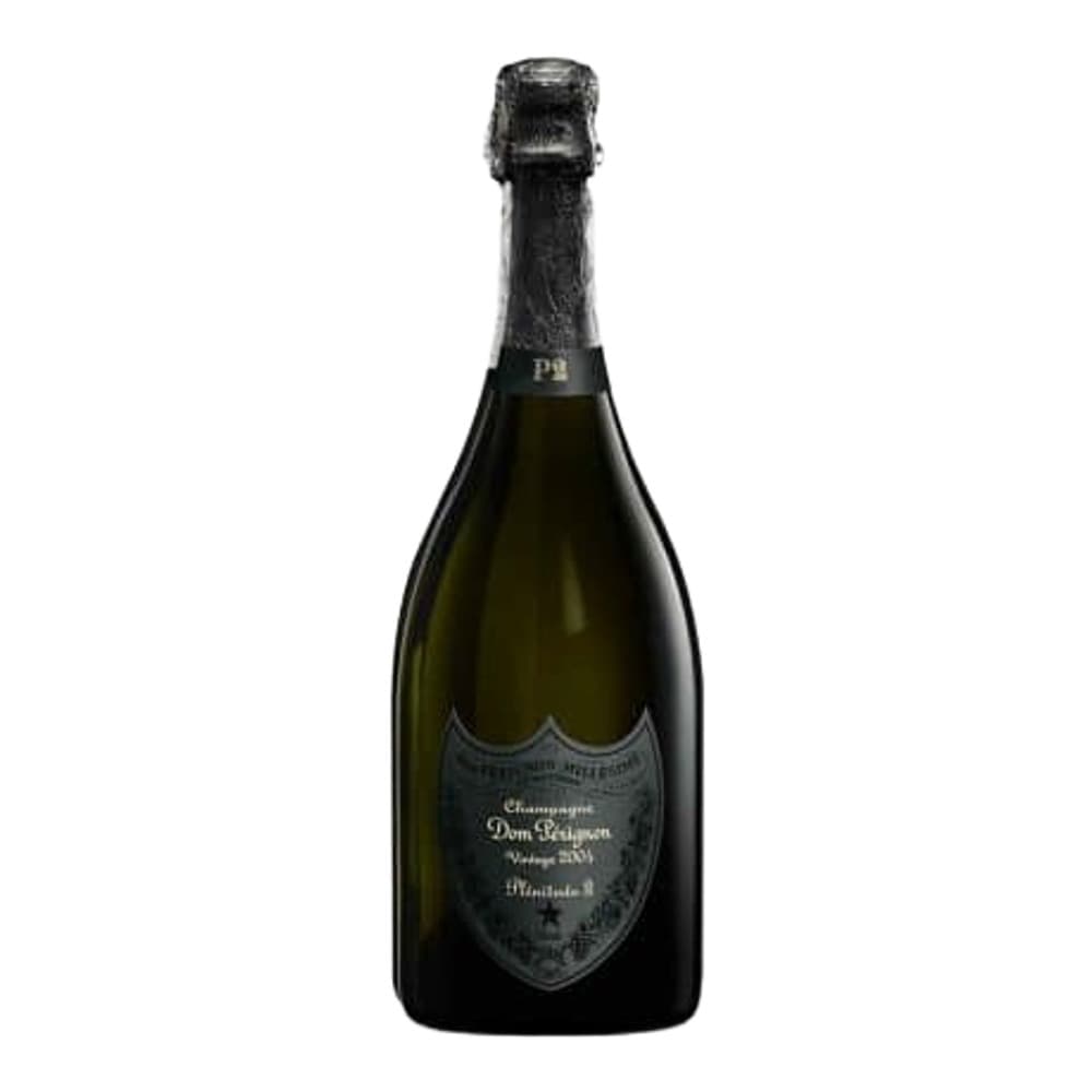 A bottle of Dom Pérignon champagne with a dark label on a white background