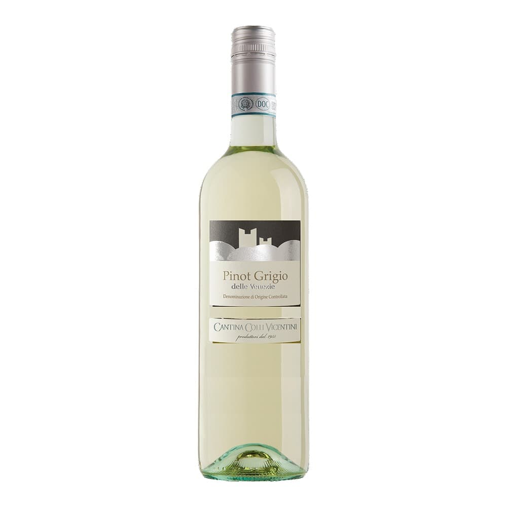 A bottle of Cantina Colli Vicentini Pinot Grigio delle Venezie white wine with pale yellow liquid, silver cap, and black label on a plain white background.