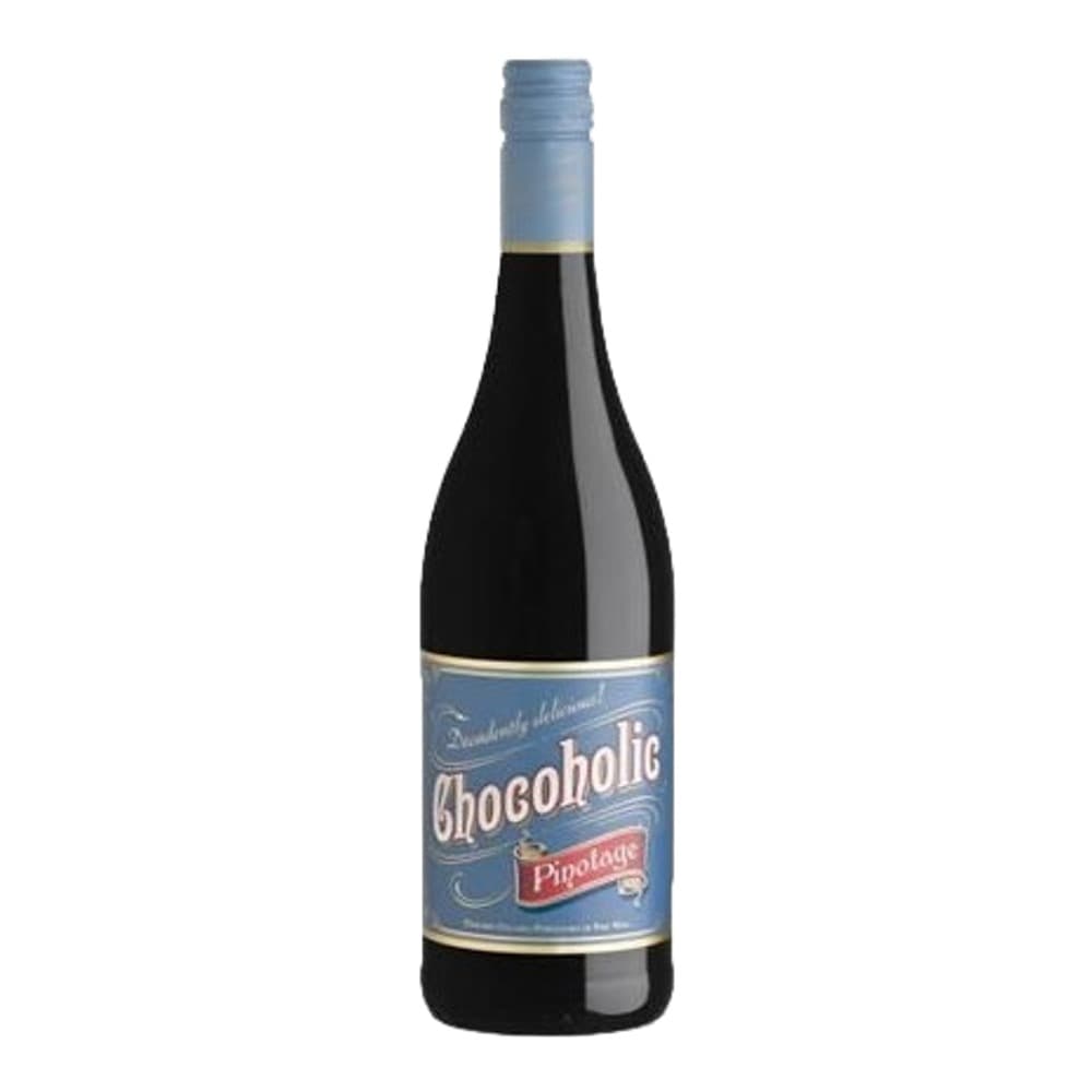 A dark glass bottle of Chocoholic chocolate stout beer with a blue-grey cap and vintage-style label on a plain white background.