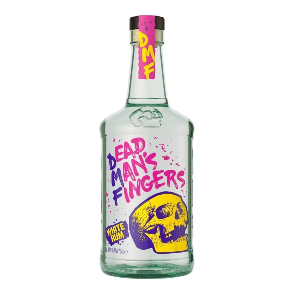 Dead Man's Fingers white rum bottle with pink and purple label featuring a yellow skull graphic, displayed against a plain white background.