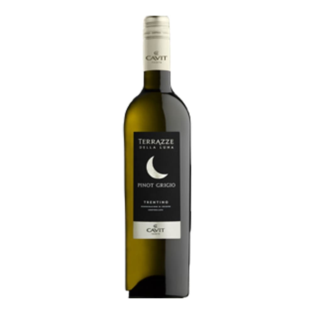 A bottle of Terrazzi Pinot Grigio white wine with a crescent moon label on a plain background