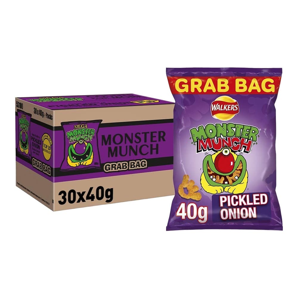 Purple packaging of Walkers Monster Munch pickled onion flavoured snacks displayed with a cardboard retail box showing 30x40g pack information