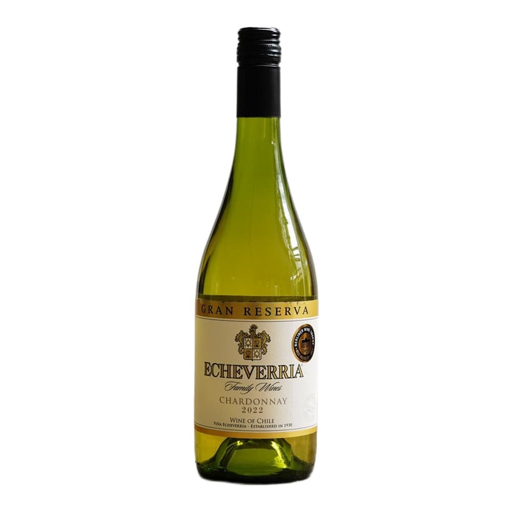 A bottle of Echeverria Gran Reserva Chardonnay 2022 white wine from Chile, displayed against a neutral grey background on a wooden surface.