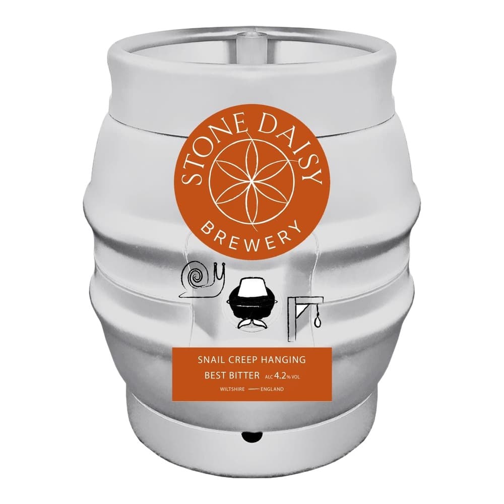 A white metal beer keg with an orange circular Stone Dais Brewery logo featuring a geometric flower design, and an orange label reading 'Snail Creep Hanging Best Bitter' with 4.2% ABV, from Wiltshire, England.