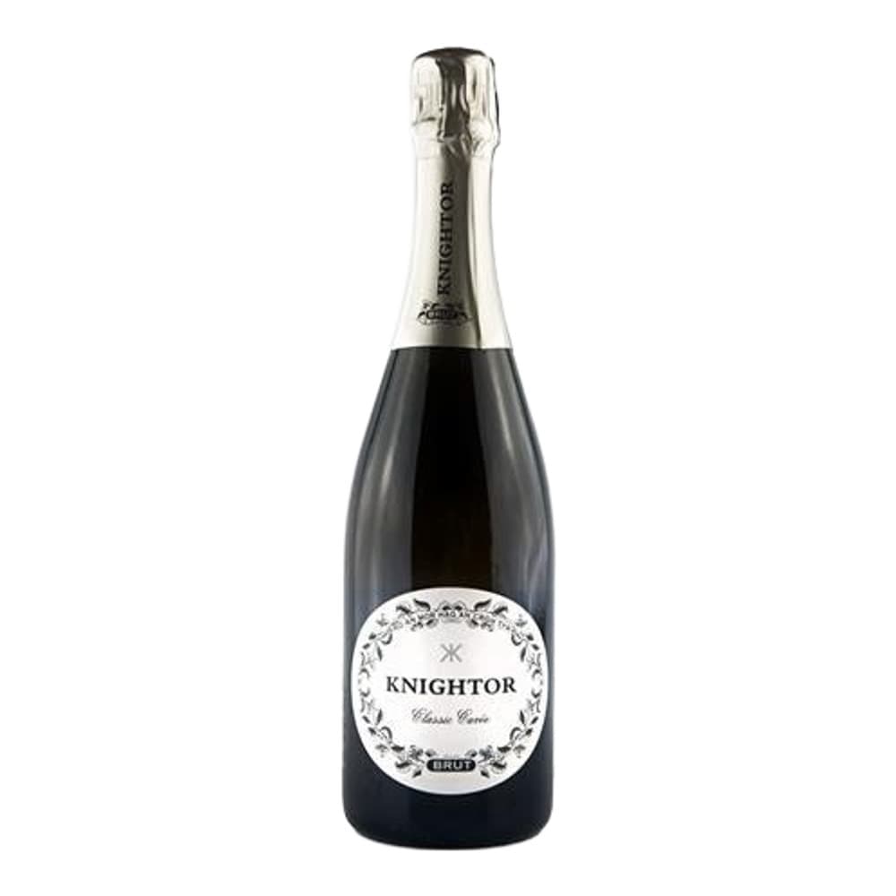A bottle of Knightor Classic Cuvée sparkling wine with white label on a plain white background