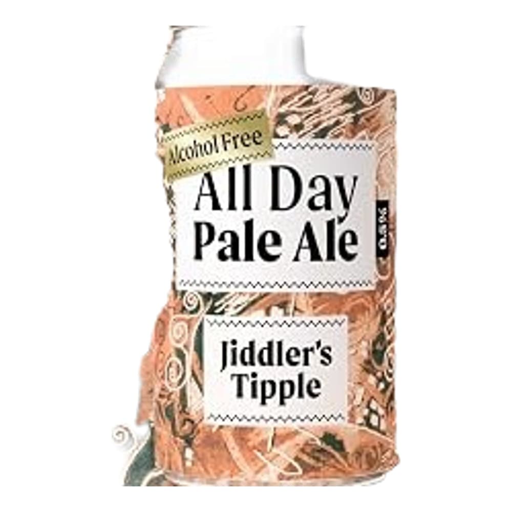 A can of All Day Pale Ale by Jiddler's Tipple, positioned against a decorative peach and white patterned background.