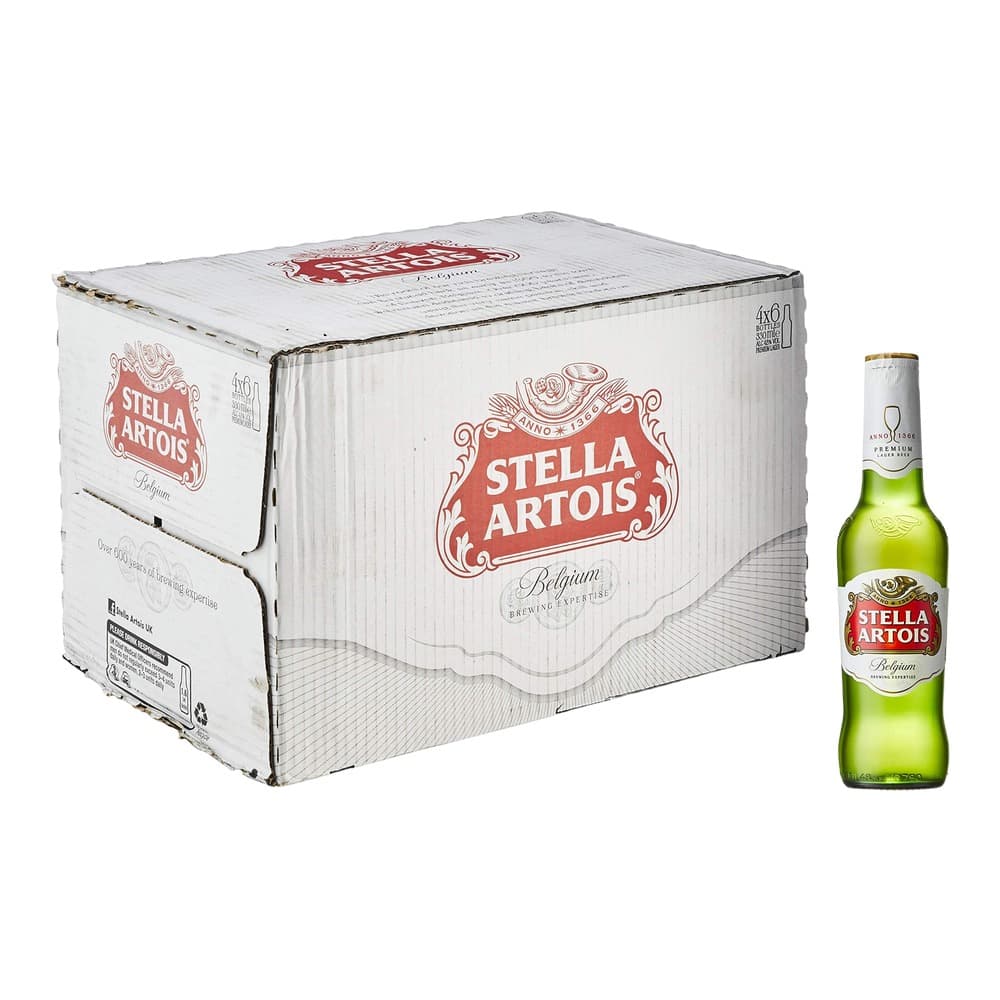A Stella Artois beer case box with a single green bottle displayed beside it against a white background