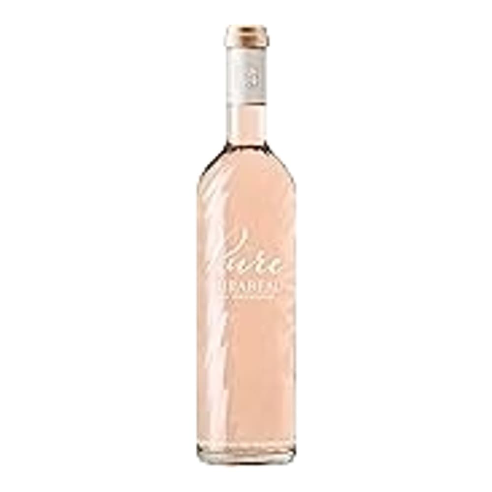 A bottle of rosé wine with a light pink label displayed against a plain white background