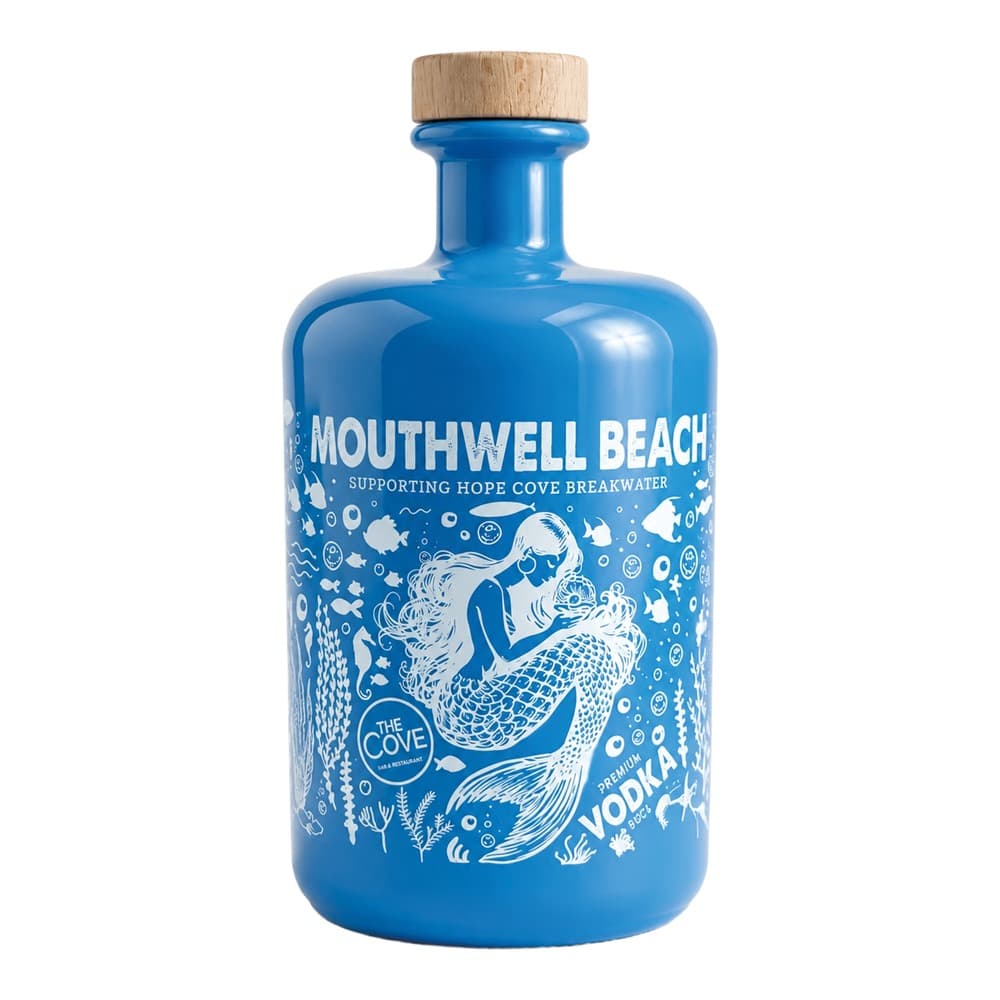 A bright blue glass bottle of Mouthwell Beach premium vodka with wooden cork stopper, featuring white mermaid and ocean-themed illustrations on the label against a white background.