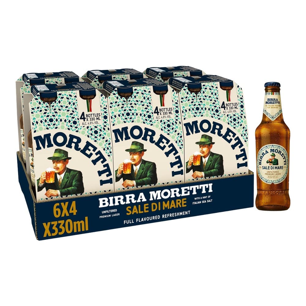 Six-pack of Birra Moretti Sale di Mare premium lager beer bottles with 330ml individual bottles displayed on white background