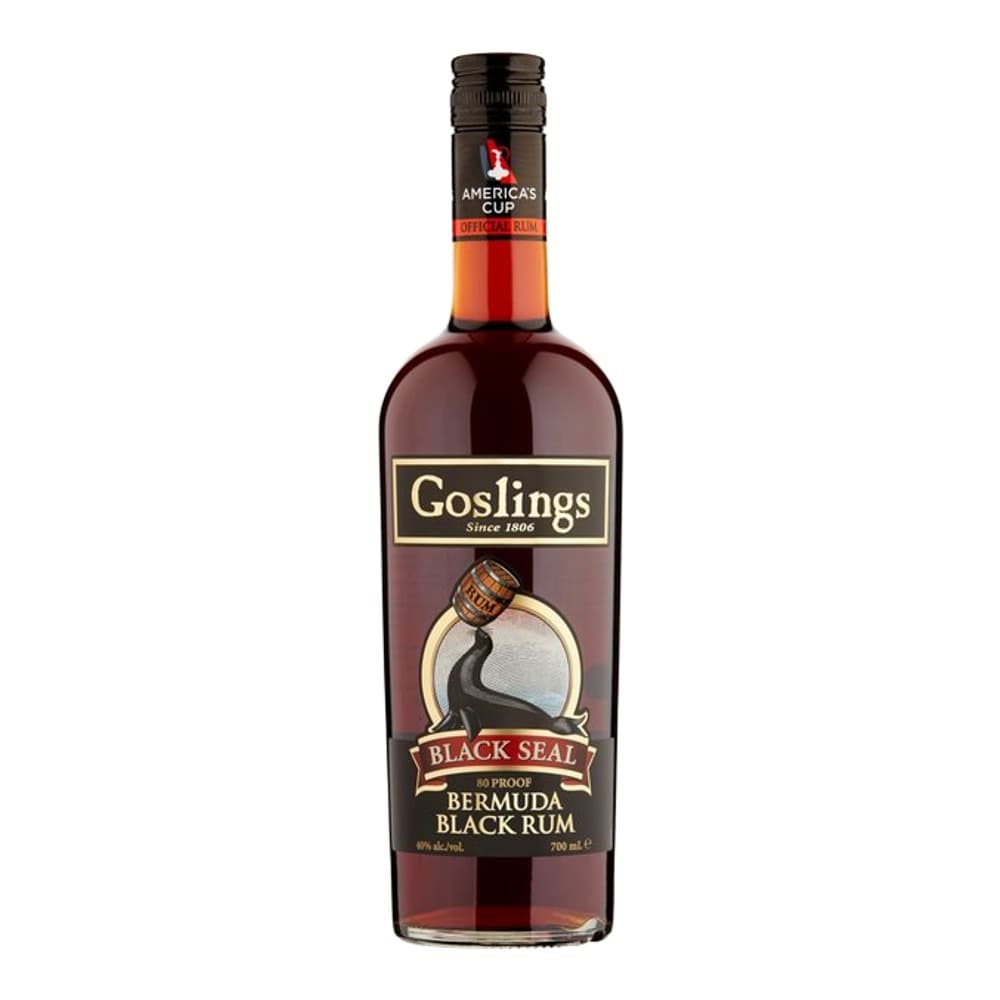 A bottle of Goslings Black Seal Bermuda Black Rum on a white background, featuring a dark glass bottle with a black seal label.