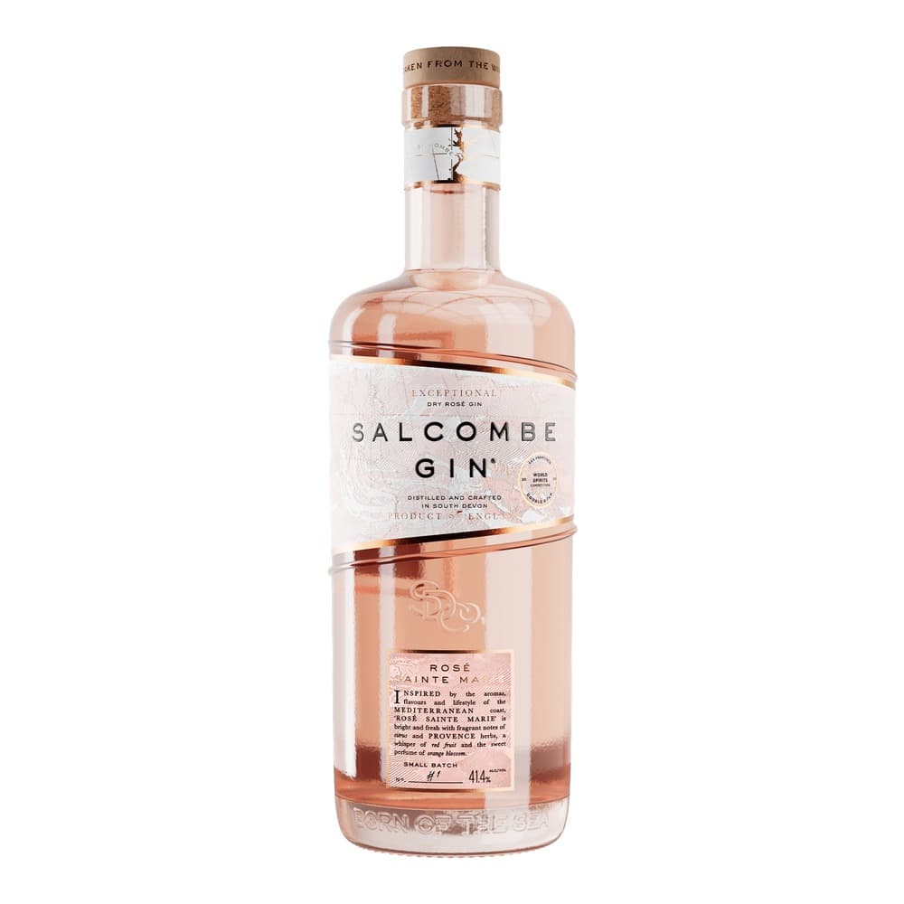 A bottle of Salcombe Gin Rosé Sainte Marie on a white background, featuring a copper-coloured liquid, white and copper label, and wooden cork closure.