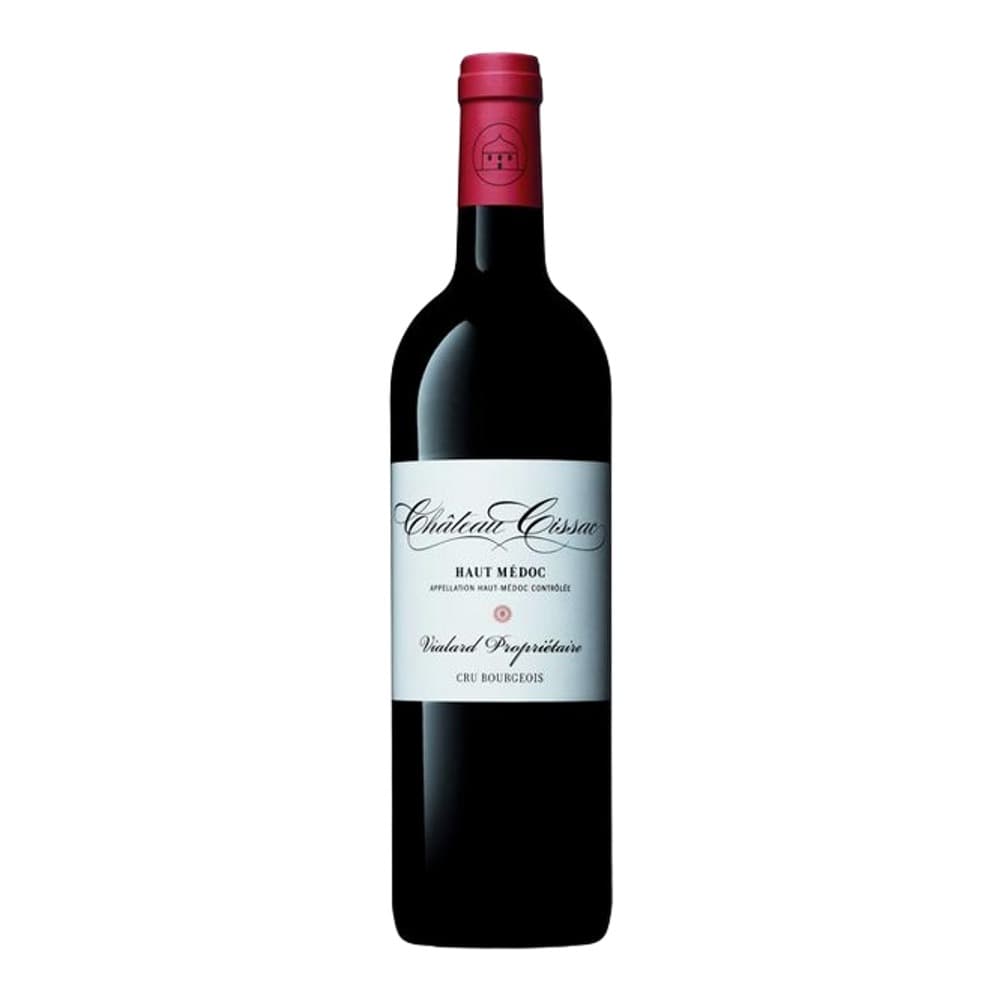A bottle of Château Cissac Haut Médoc red wine with a burgundy foil capsule, white label, and dark glass, photographed against a white background.