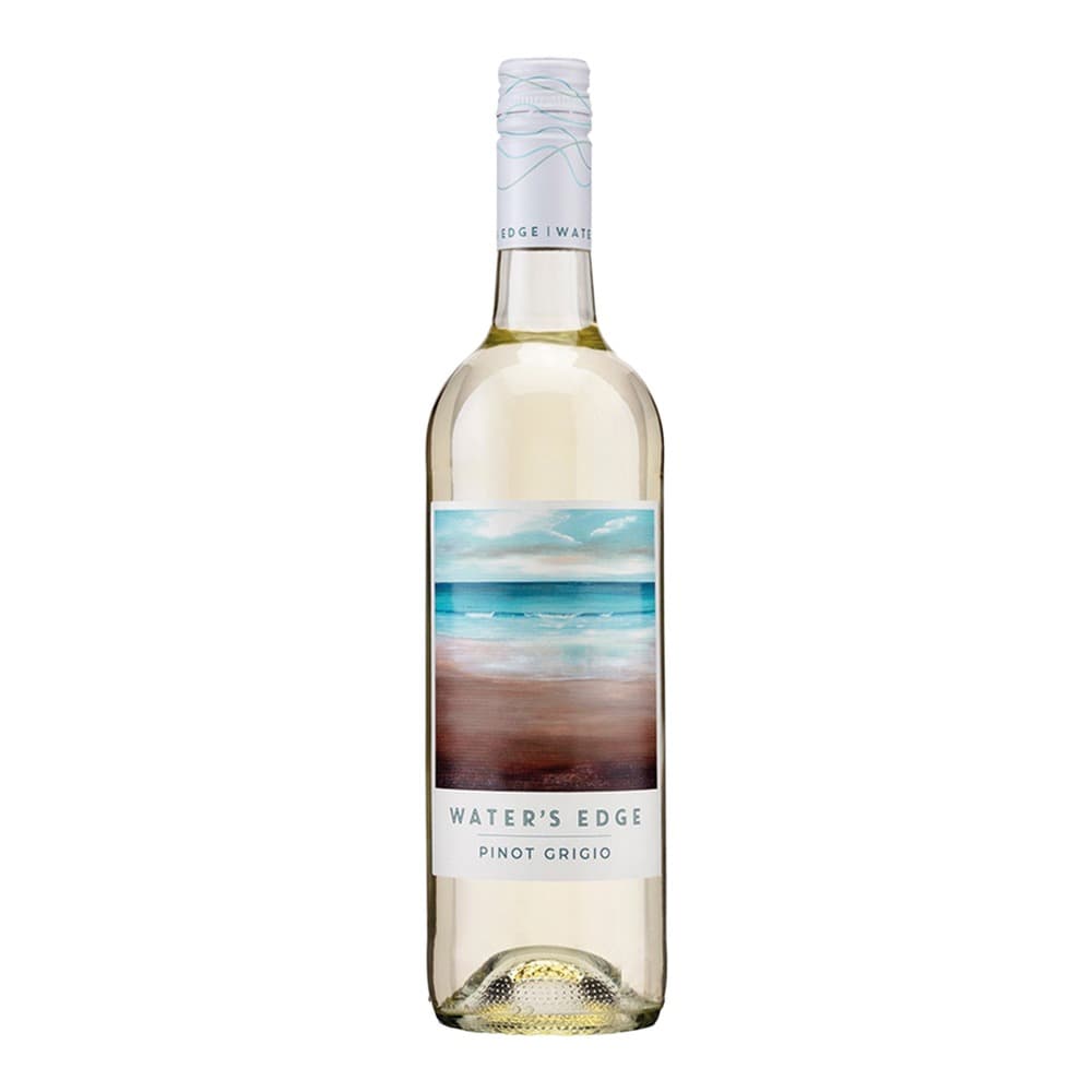 A bottle of Water's Edge Pinot Grigio white wine with a beach-themed label featuring a coastal seascape, isolated against a white background.