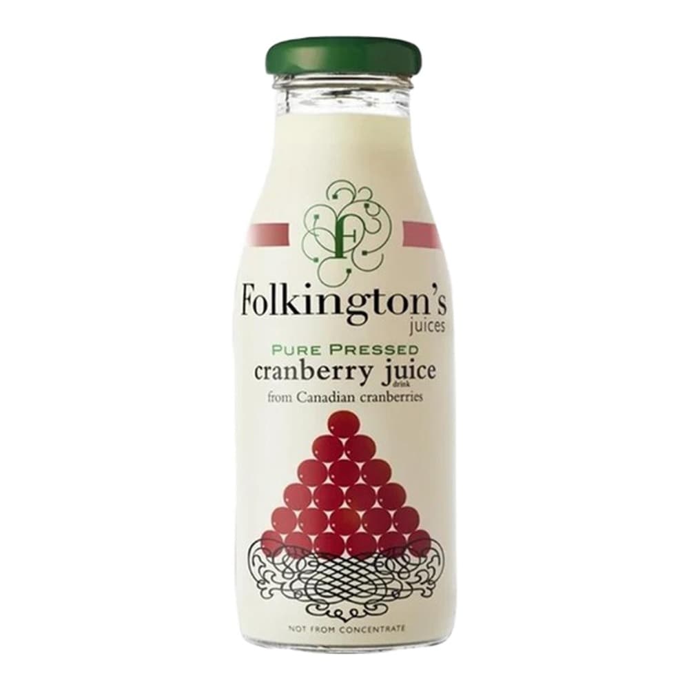 Glass bottle of Folkington's pure pressed cranberry juice with green cap, featuring illustrated cranberries and ornate base design on white background
