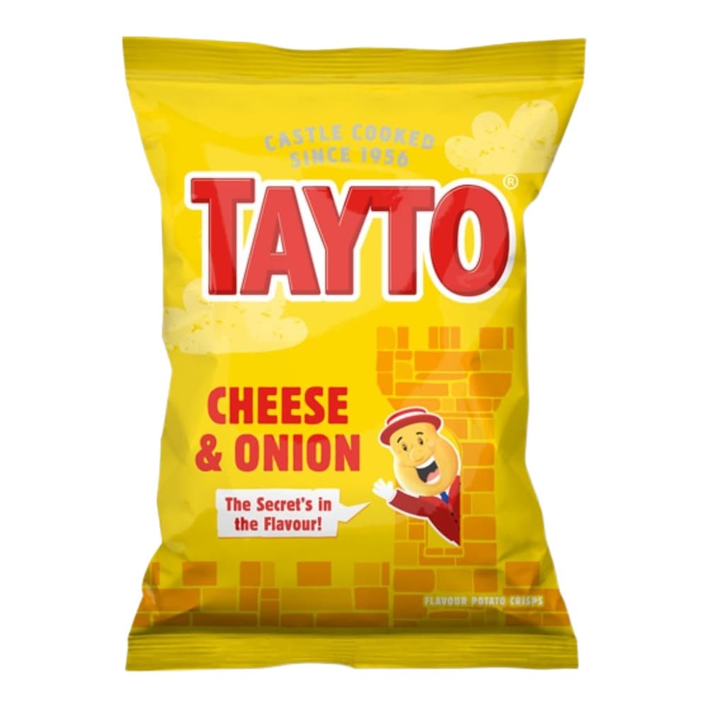 Yellow Tayto brand packet of Cheese & Onion flavoured potato crisps with red branding and a smiling mascot character on a plain background.