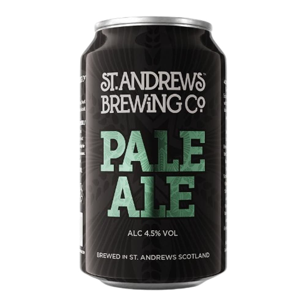 Black beer can with light green text displaying St. Andrews Brewing Co. Pale Ale branding, 4.5% alcohol volume, brewed in St. Andrews Scotland