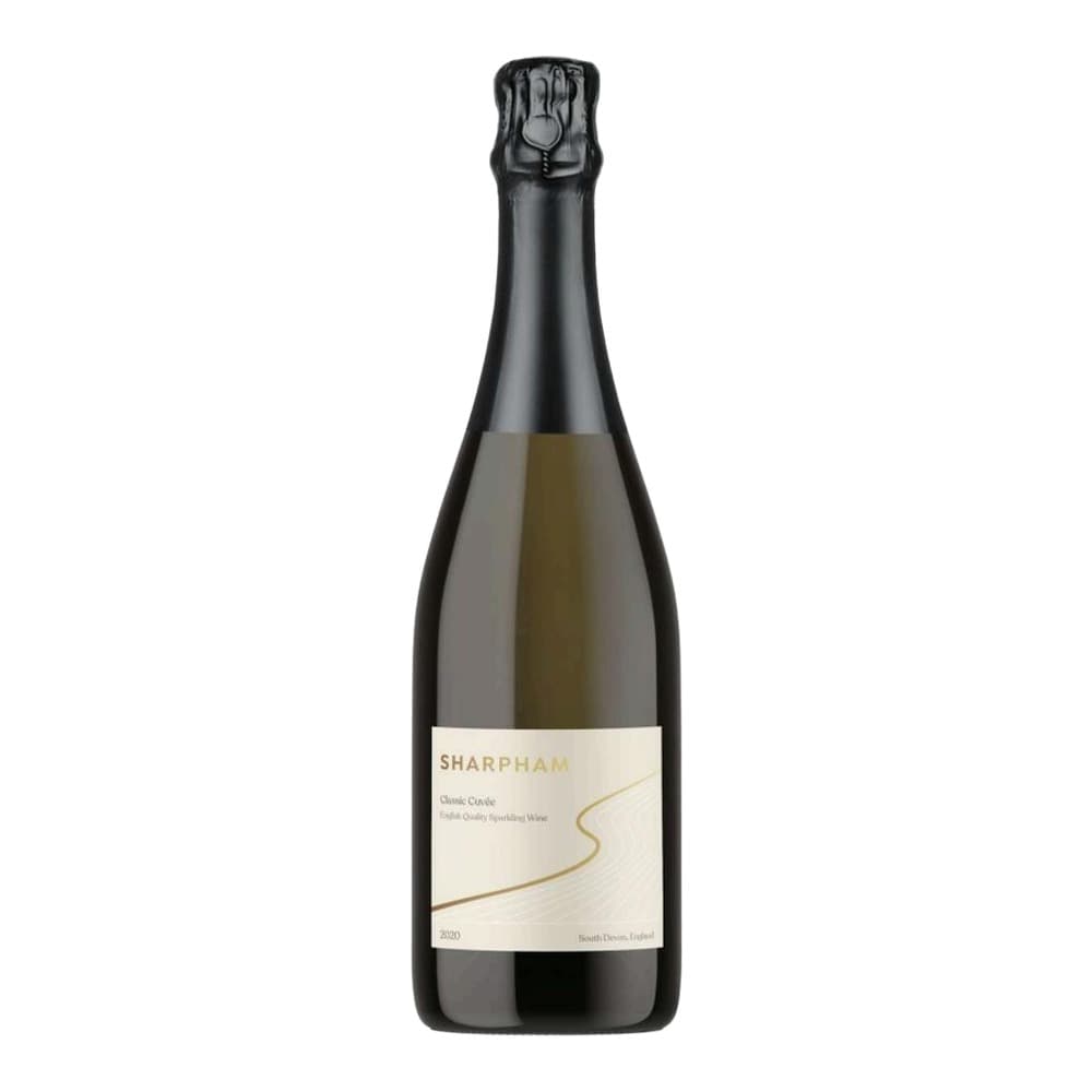 A bottle of Sharpham Classic Cuvée English Quality Sparkling Wine from South Devon, England, vintage 2020, photographed against a white background.