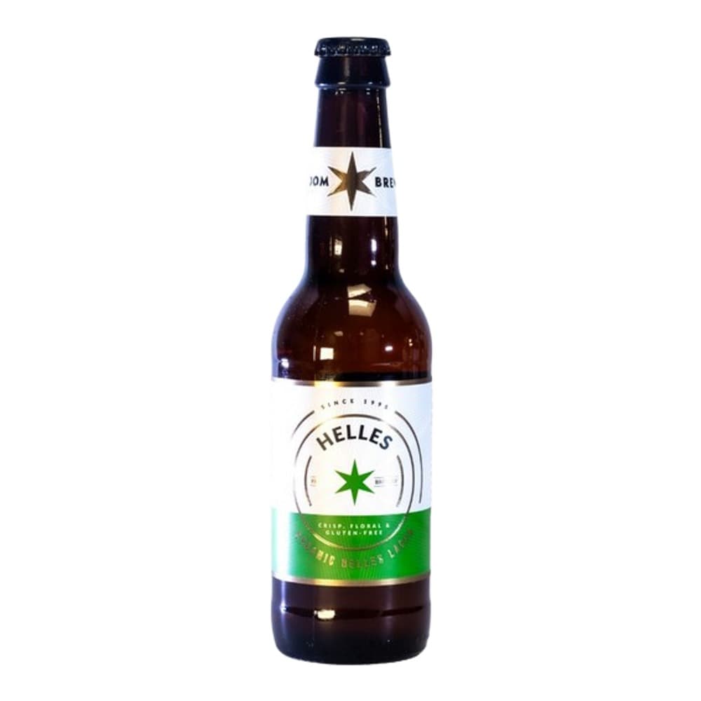 A brown glass bottle of Helles lager beer with a white and green label featuring a green star logo, photographed against a white background.