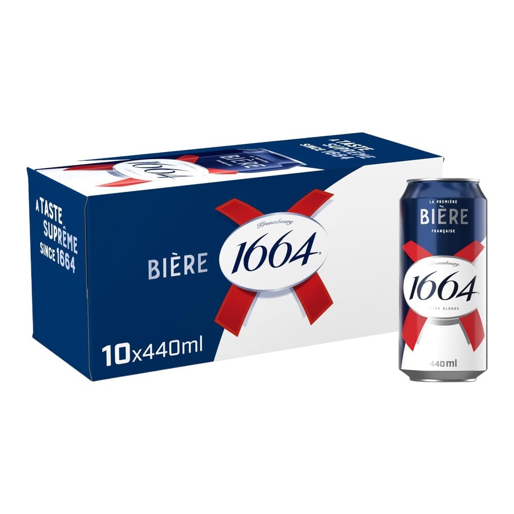 Kronenbourg 1664 Blonde beer multipack box containing 10 cans of 440ml each, displayed with a single can on a white background