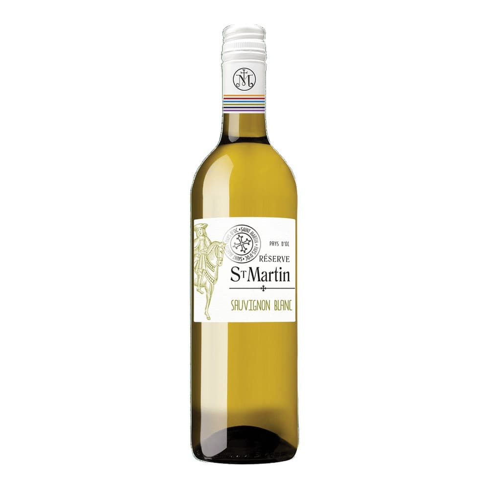 A bottle of St Martin Réserve Sauvignon Blanc white wine with a white cap and colourful striped label band, positioned against a plain white background.