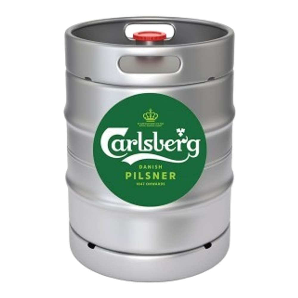 A stainless steel beer keg with a green Carlsberg Pilsner label featuring a crown logo