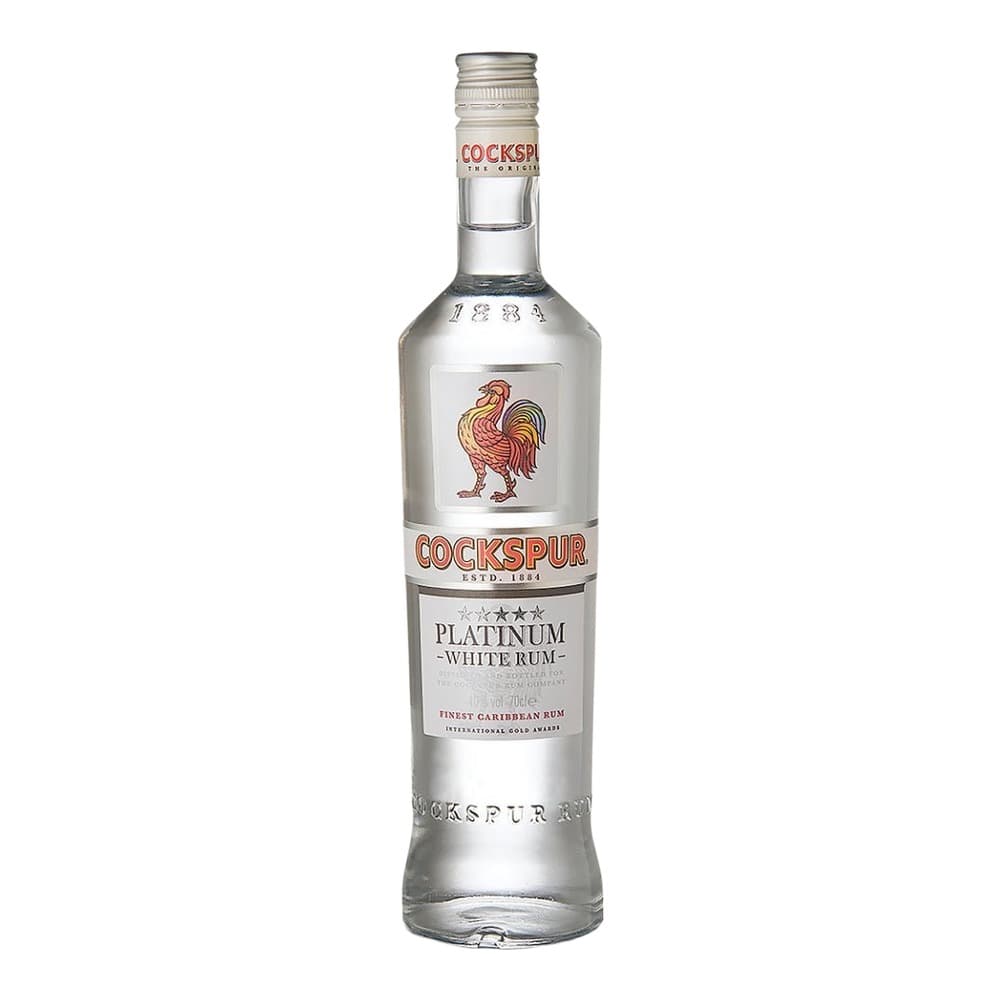A bottle of Cockspur Platinum White Rum against a white background, featuring a rooster logo and silver labelling.