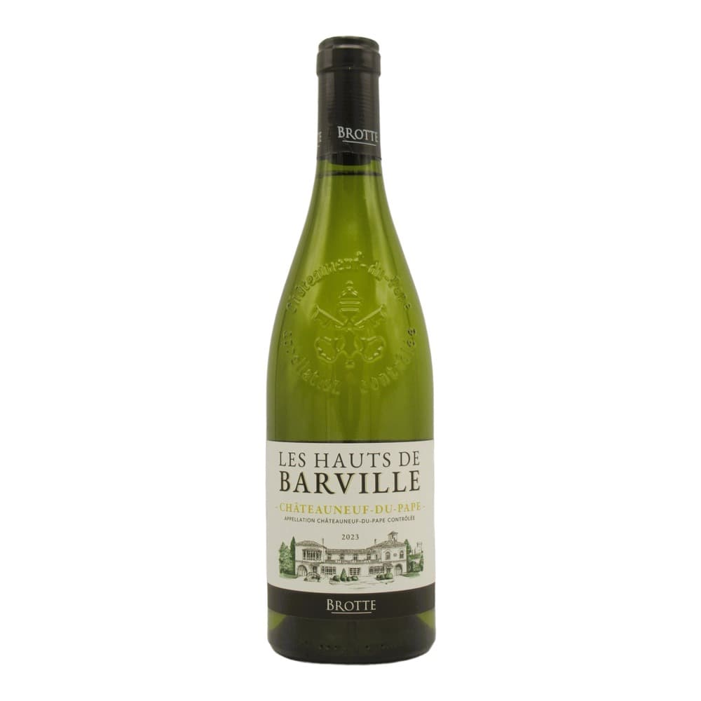 A bottle of Les Hauts de Barville Châteauneuf-du-Pape 2023 wine from Brotte, displayed against a plain white background.
