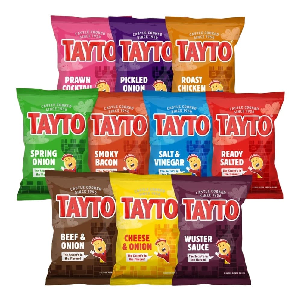 Collection of nine Tayto branded crisp packets in various colours displaying different flavours including Prawn Cocktail, Pickled Onion, Roast Chicken, Spring Onion, Smoky Bacon, Salt & Vinegar, Ready Salted, Beef & Onion, Cheese & Onion, and Wuster Sauce on a plain background.