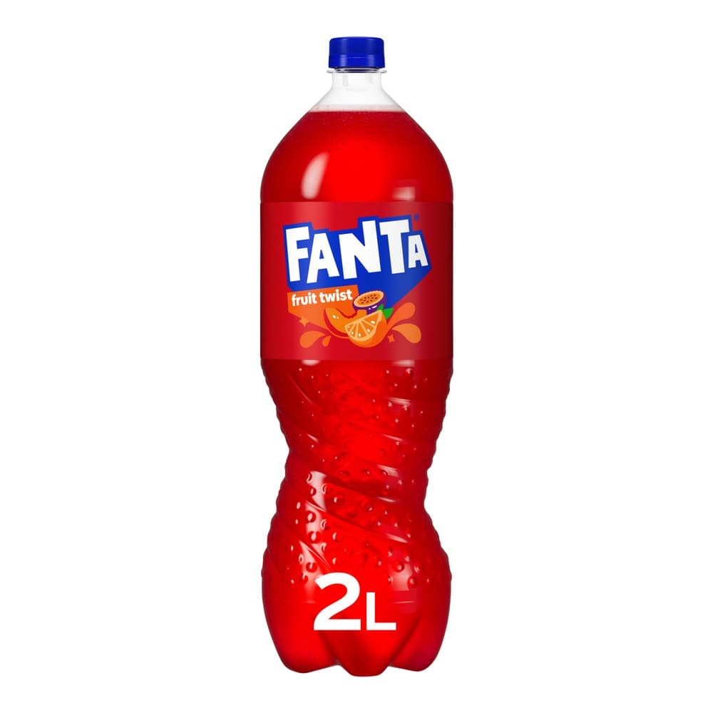 A 2-litre bottle of Fanta Fruit Twist soft drink with a red label and blue twist-off cap, displayed against a white background.