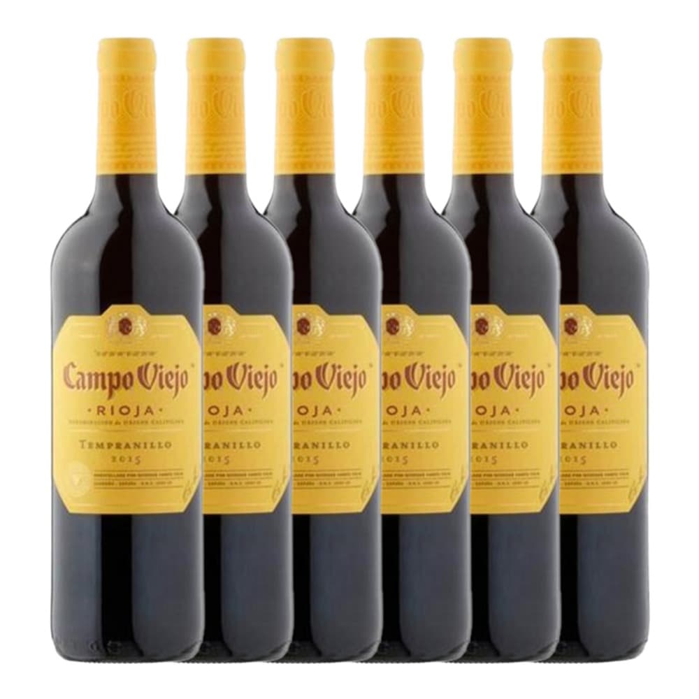 Six bottles of Campo Viejo Rioja Tempranillo red wine with gold foil caps and yellow labels arranged in a row against a white background