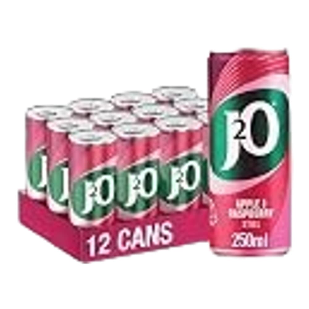 A 12-pack of J2O raspberry and cranberry flavoured drinks in pink cans arranged on a white background