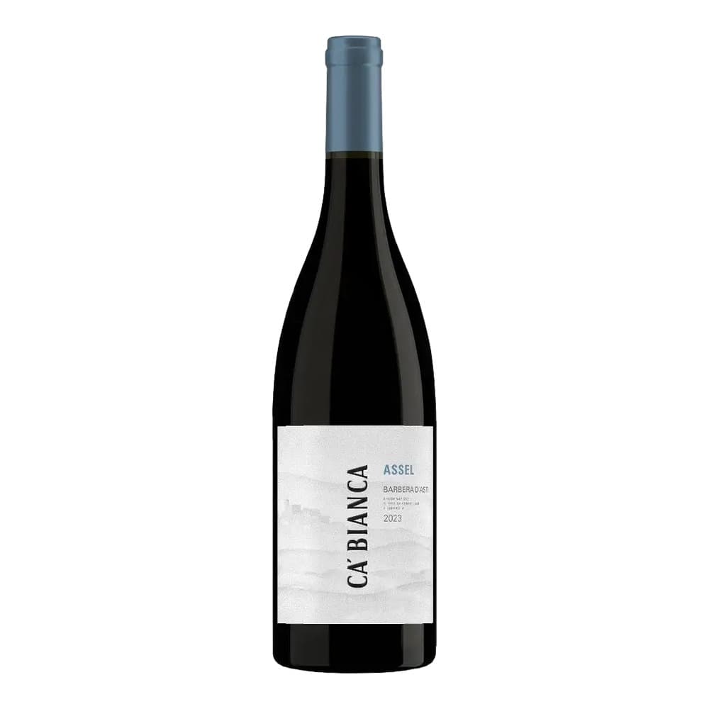 A bottle of Ca Bianca Assei Barberasco wine from 2023 with a grey-blue capsule and white label, photographed against a white background.