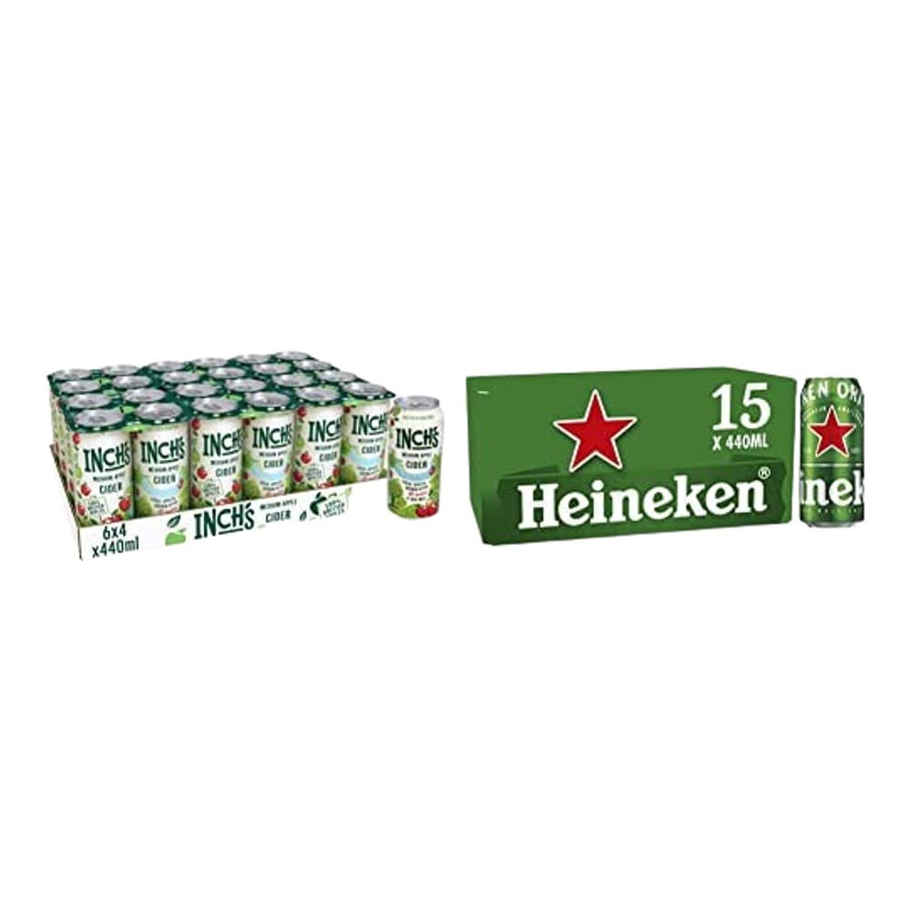 Two beer product packs displayed on white background: a 24-pack of Inch's cans on the left and a 15-pack of Heineken cans on the right.