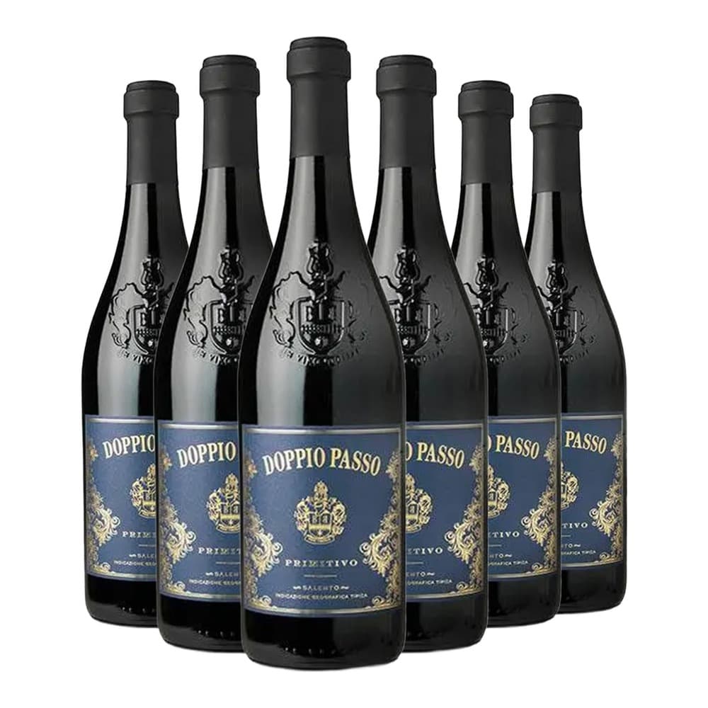 Six bottles of Doppio Passo Primitivo red wine arranged in a row on a white background, featuring dark glass bottles with blue and gold labels.