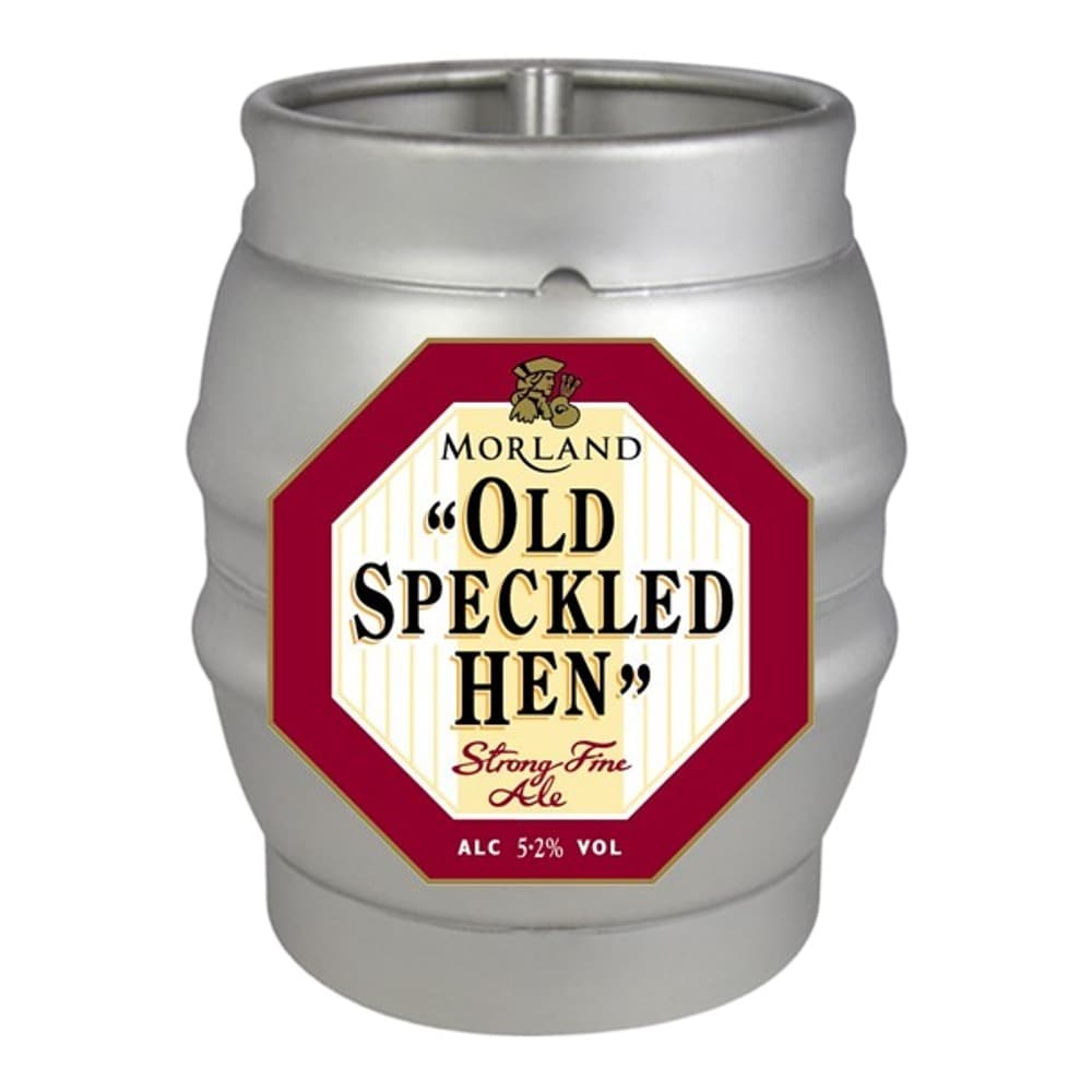 A metallic silver beer keg featuring a red and cream octagonal label for Morland Old Speckled Hen Strong-Fine Ale, 52% ABV