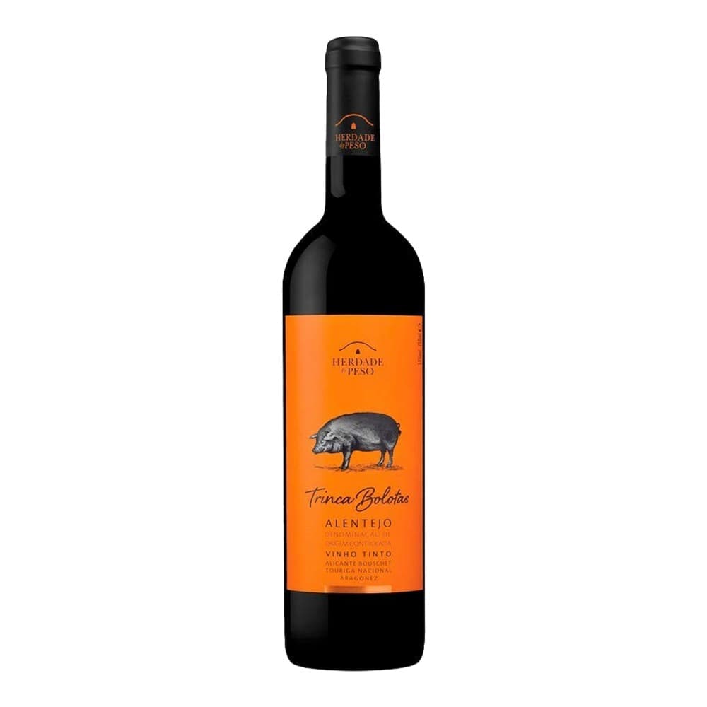 A bottle of Herdade do Peso Trinca Bolotas Alentejo red wine with a distinctive orange label featuring a pig illustration, isolated against a white background.