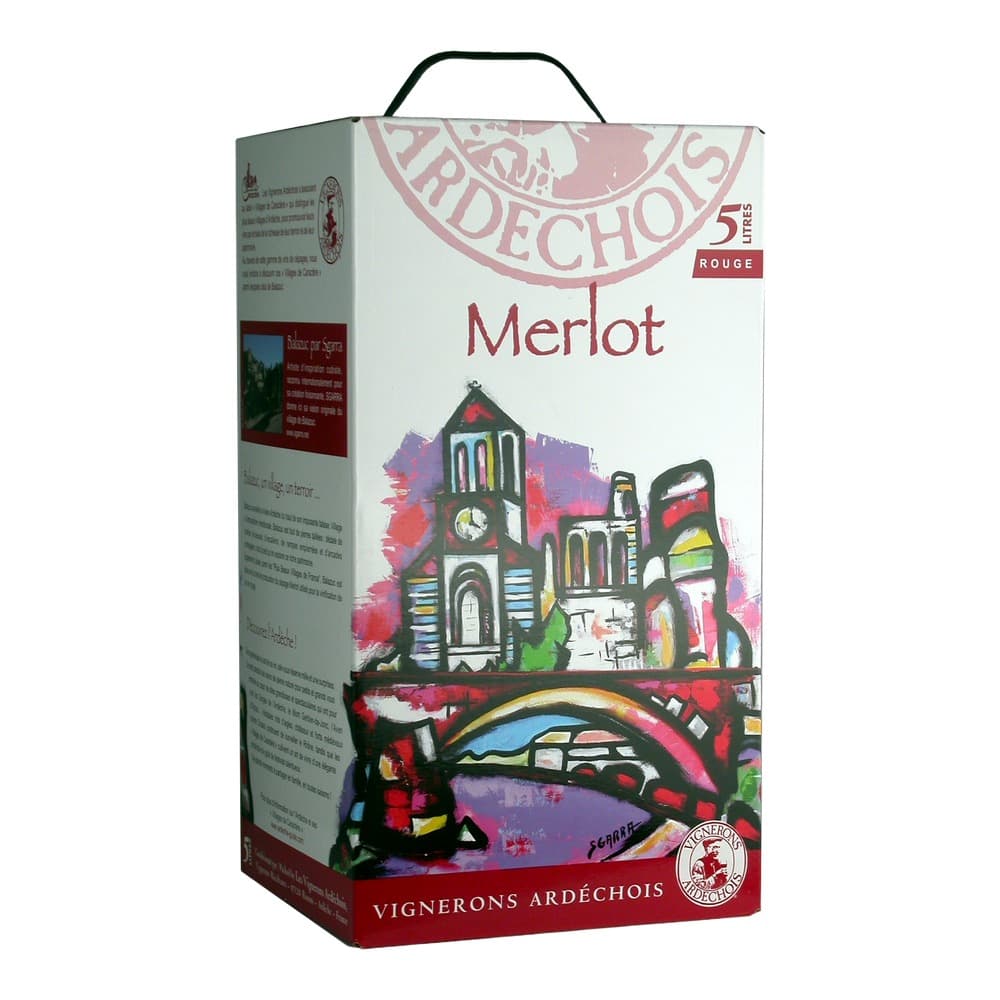 A 5-litre cardboard wine box featuring Ardèchois Merlot with colourful street art illustration of a European church building and bridge on white background