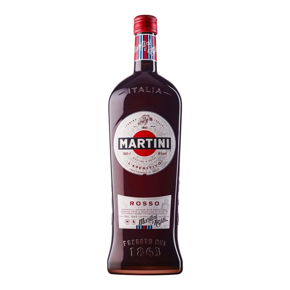 A bottle of Martini Rosso vermouth with a distinctive red and white label, featuring the iconic Martini branding and 1863 heritage mark on a white background.