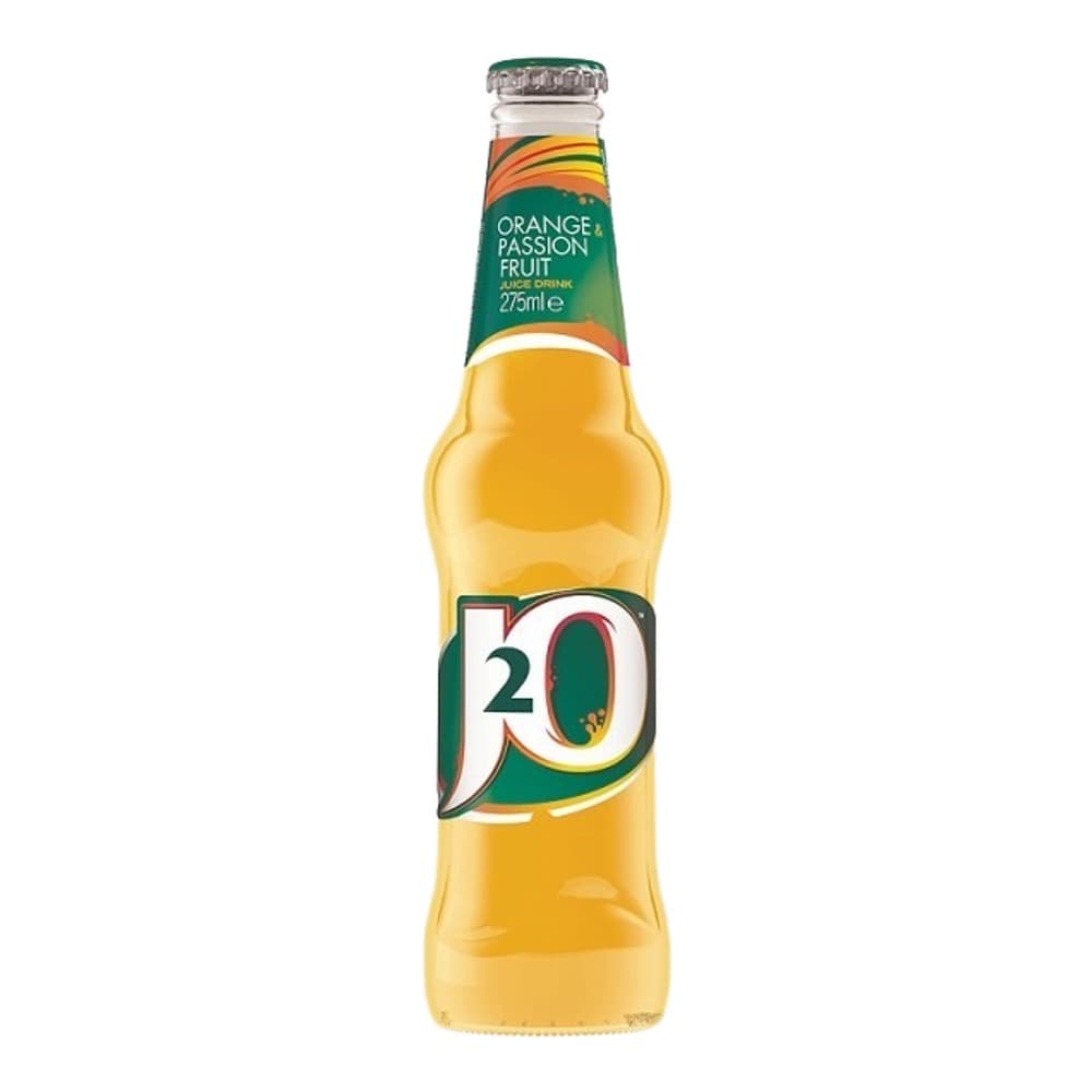 A bottle of J20 orange and passion fruit flavoured juice with a golden yellow liquid, green and white label, displayed against a white background.