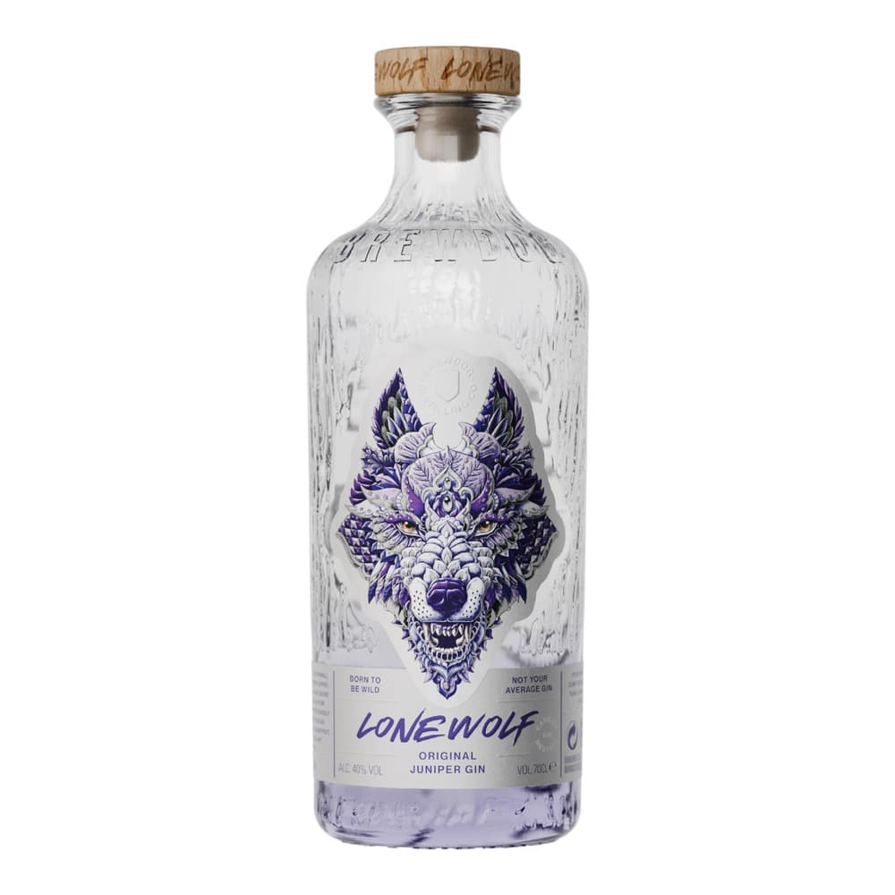 A clear glass bottle of Lonewolf Original Juniper Gin with a wooden cork stopper, featuring a purple and white illustrated wolf head design on the label against a white background.
