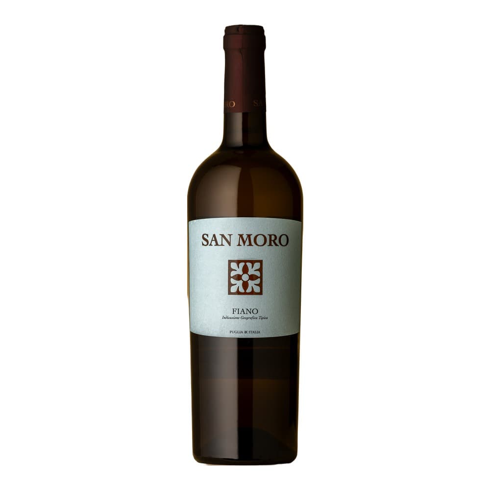A bottle of San Moro Fiano white wine from Puglia, Italy, displayed against a plain white background