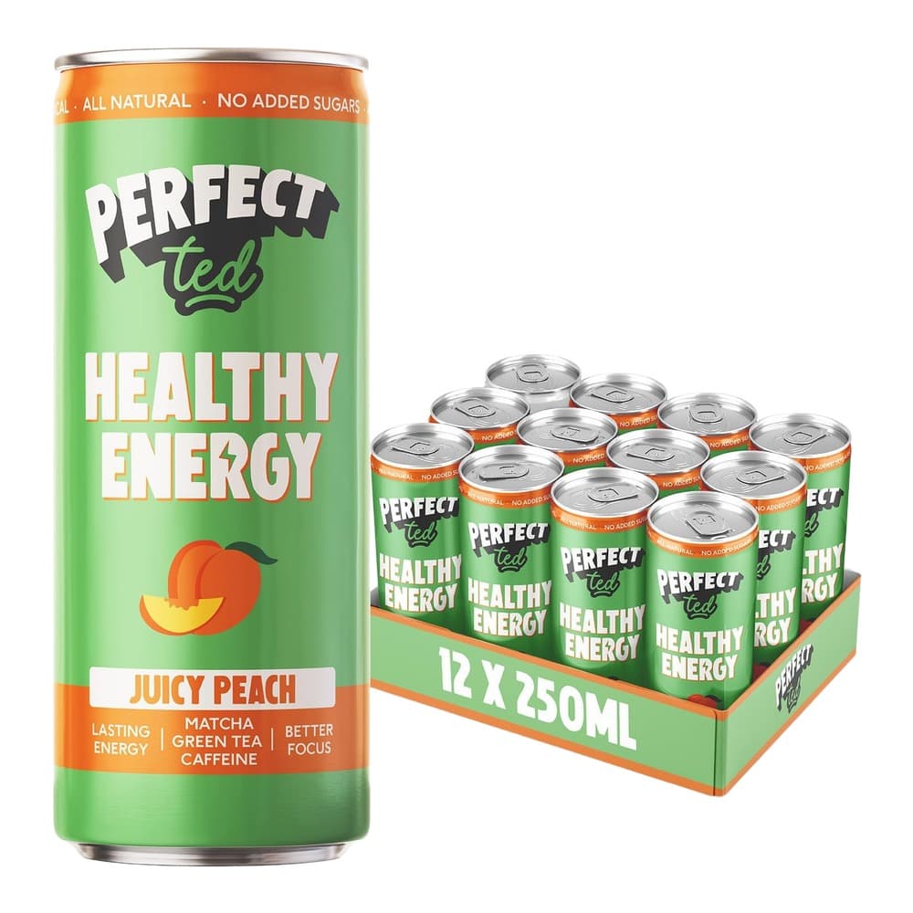 Pack shot of Perfect Ted Juicy Peach energy drink showing a large single can and a 12-pack box of 250ml cans on white background