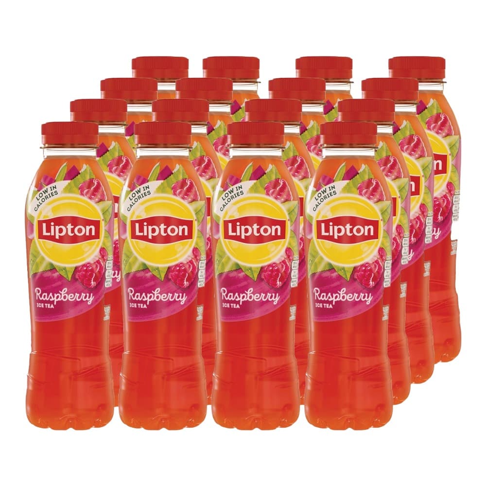 Multiple plastic bottles of Lipton Raspberry Ice Tea with red caps arranged in rows against a white background